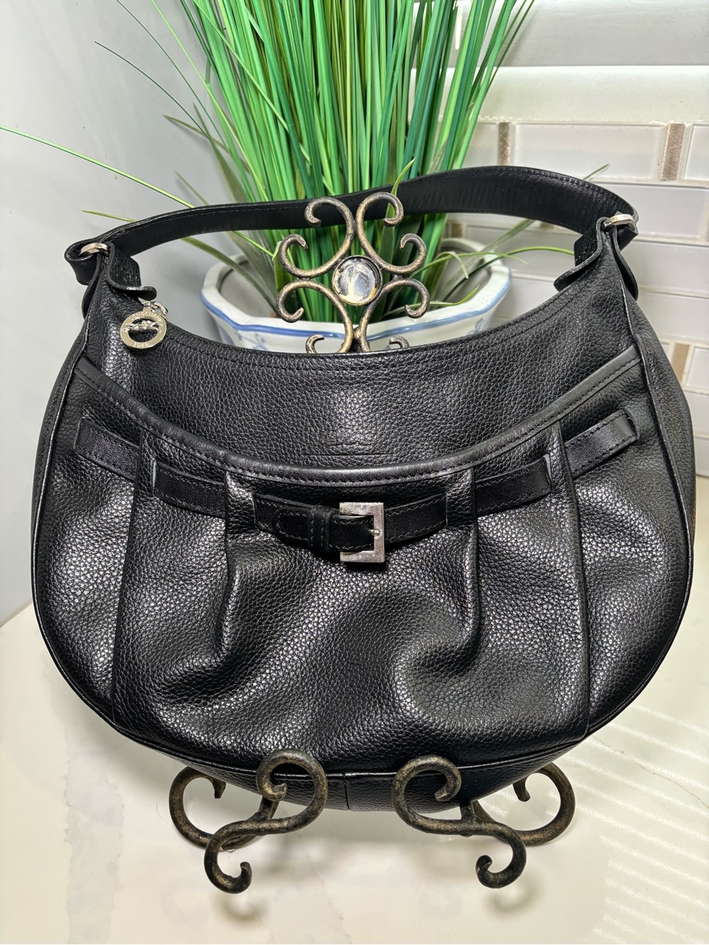 β¨ Longchamp Vintage Black Pebbled Leather Hobo Shoulder Bag France Classic Y2K β¨ - Picture 2 of 11